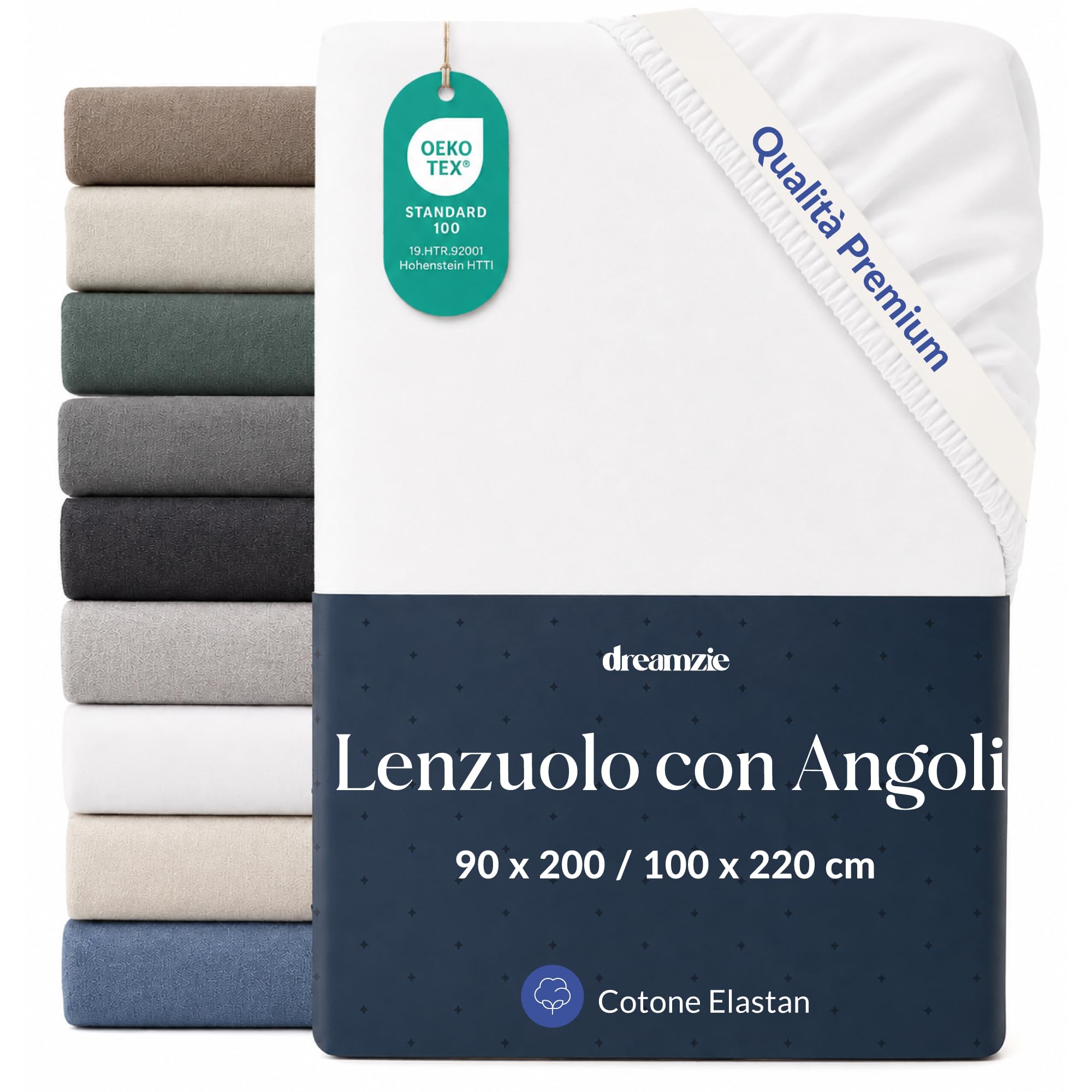 Dreamzie Lenzuolo con Angoli 90x100-100x220cm Bianco, Cotone | Jersey 97% cotone, 3% elastan · Certificato Oeko-Tex · Elastico 360° fino a 35 cm · Senza stiratura