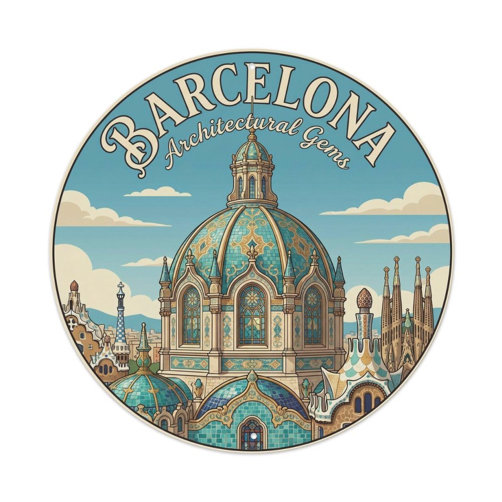 Vintage Travel Barcelona Dome Architecture Ornate Metal Tin Sign Plaque Wall Decor for Cafe, Club, Garden Round Metal Poster 8x8Inch