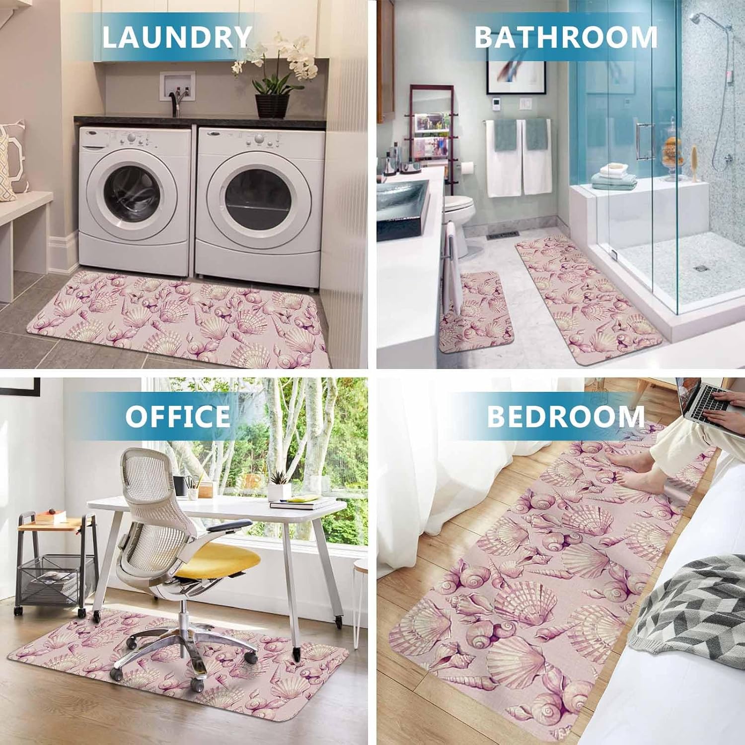 Prime Leader Pink Seashells Kitchen Mat Set 2 Pieces Summer Coastal Coral Dreamy Marine Life Non Slip Kitchen Rugs Washable Runner Rug Mats for Floor Sink Laundry Office 19.7" x 31.5"+19.7" x 63"