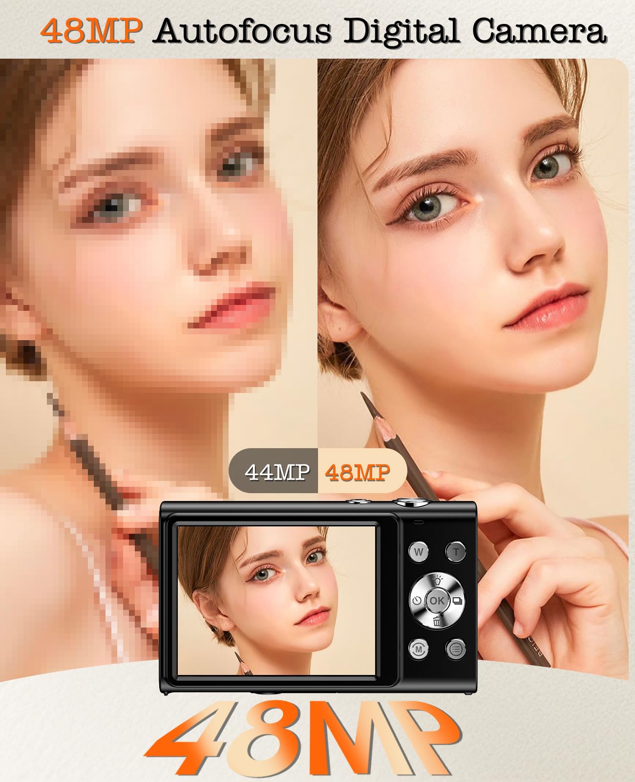 Cámara digital, cámara de vlogging 4K para cámaras de enfoque automático de YouTube para fotografía con zoom digital de 16X, cámara digital compacta de 48 MP para adolescentes y adultos con tarjeta SD