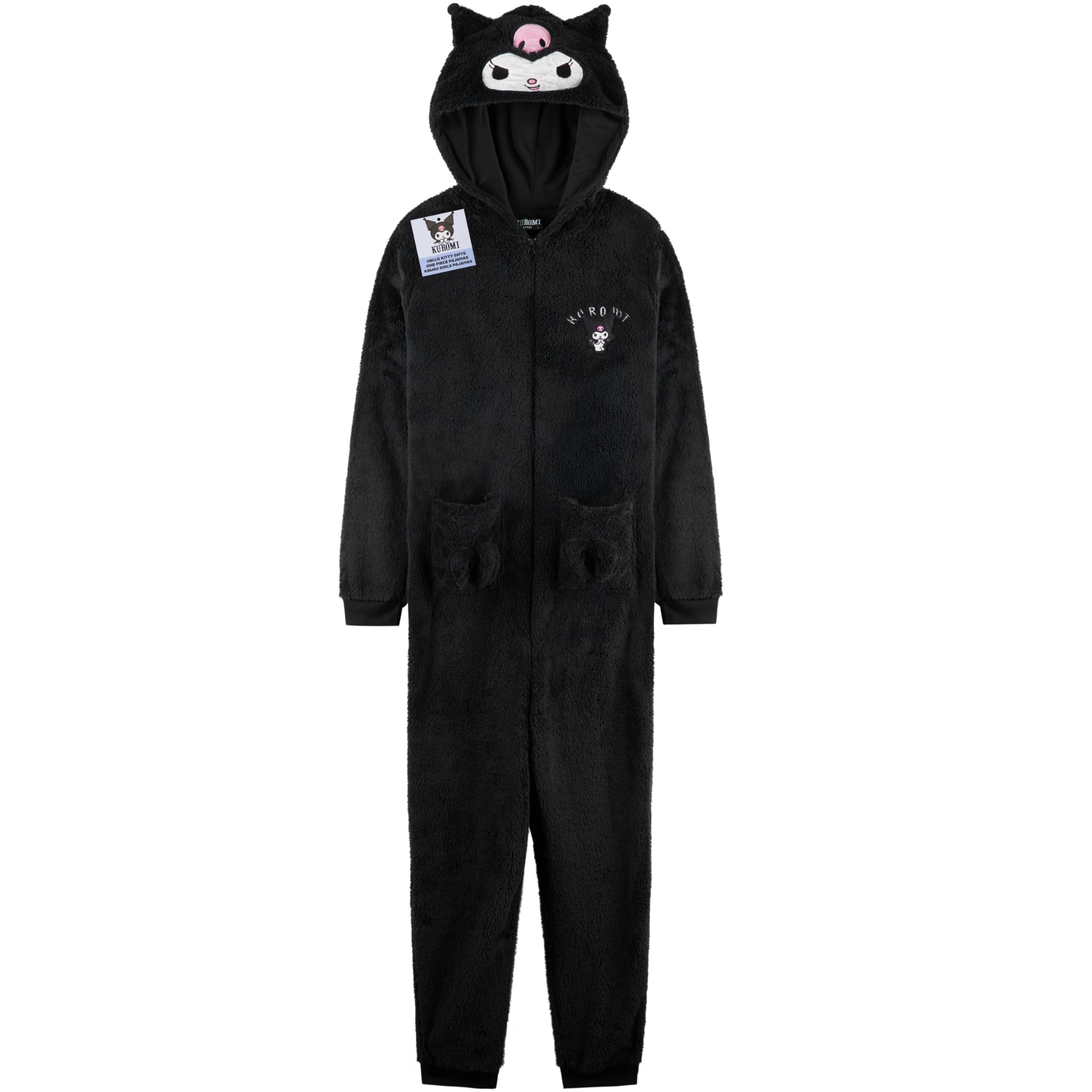Hello Kitty Sanrio Kuromi Girls Fleece Onesie with Hood, Loungewear Pyjamas Kawaii Sleepsuit Kids Teens, Anime Gifts for Girls (11-12 Years, Black Kuromi)