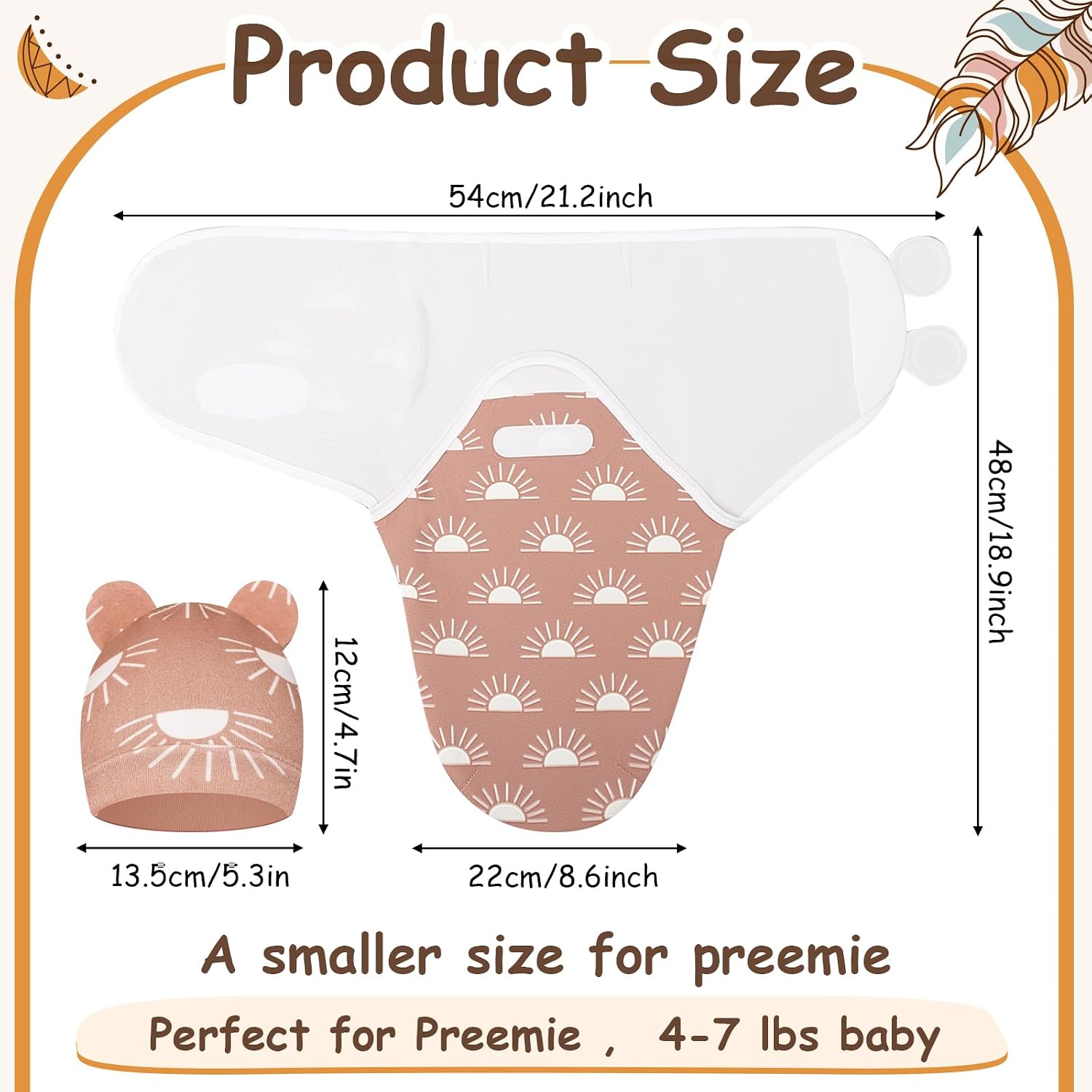Ramede 6-Pack Preemie Baby Swaddle Blankets with Hats, Breathable 100% Cotton Baby Swaddles, Suitable for Preemie Babies and Newborns, Soft Cotton, Adjustable(Boho,Khaki)
