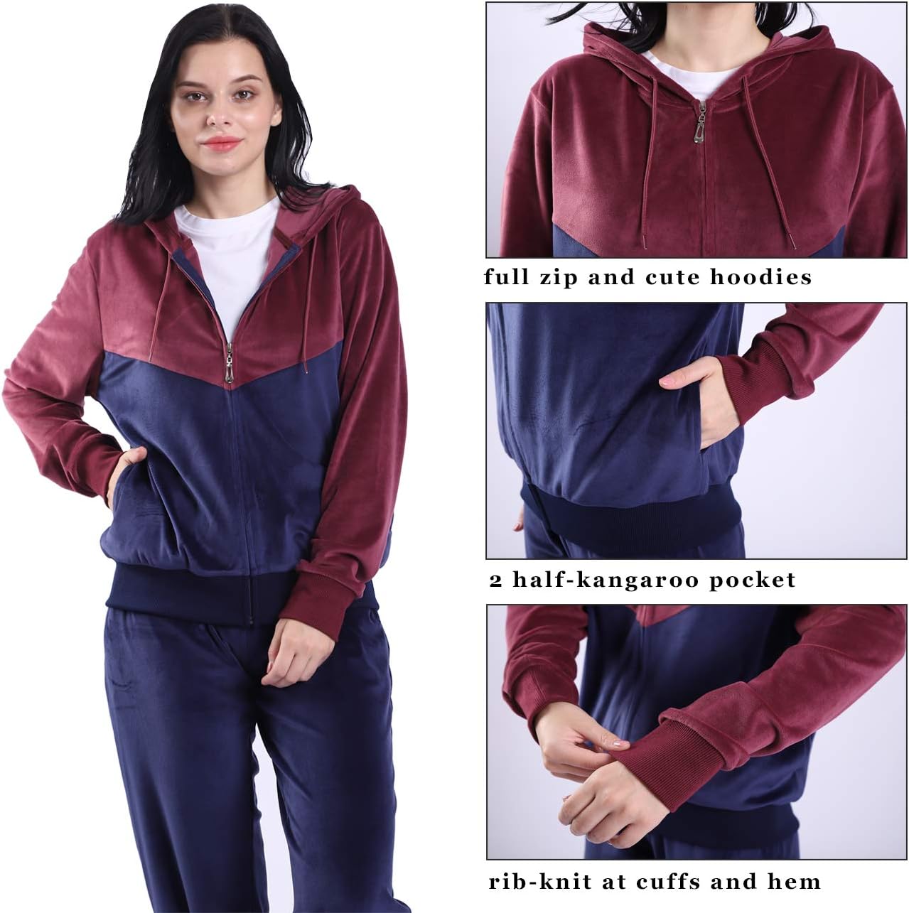 LeeHanTon Velour Tracksuit Womens Sweatsuit Set - Athletic Zip Up Hoodies and Sweatpants Outfits with Stripes - Image 2