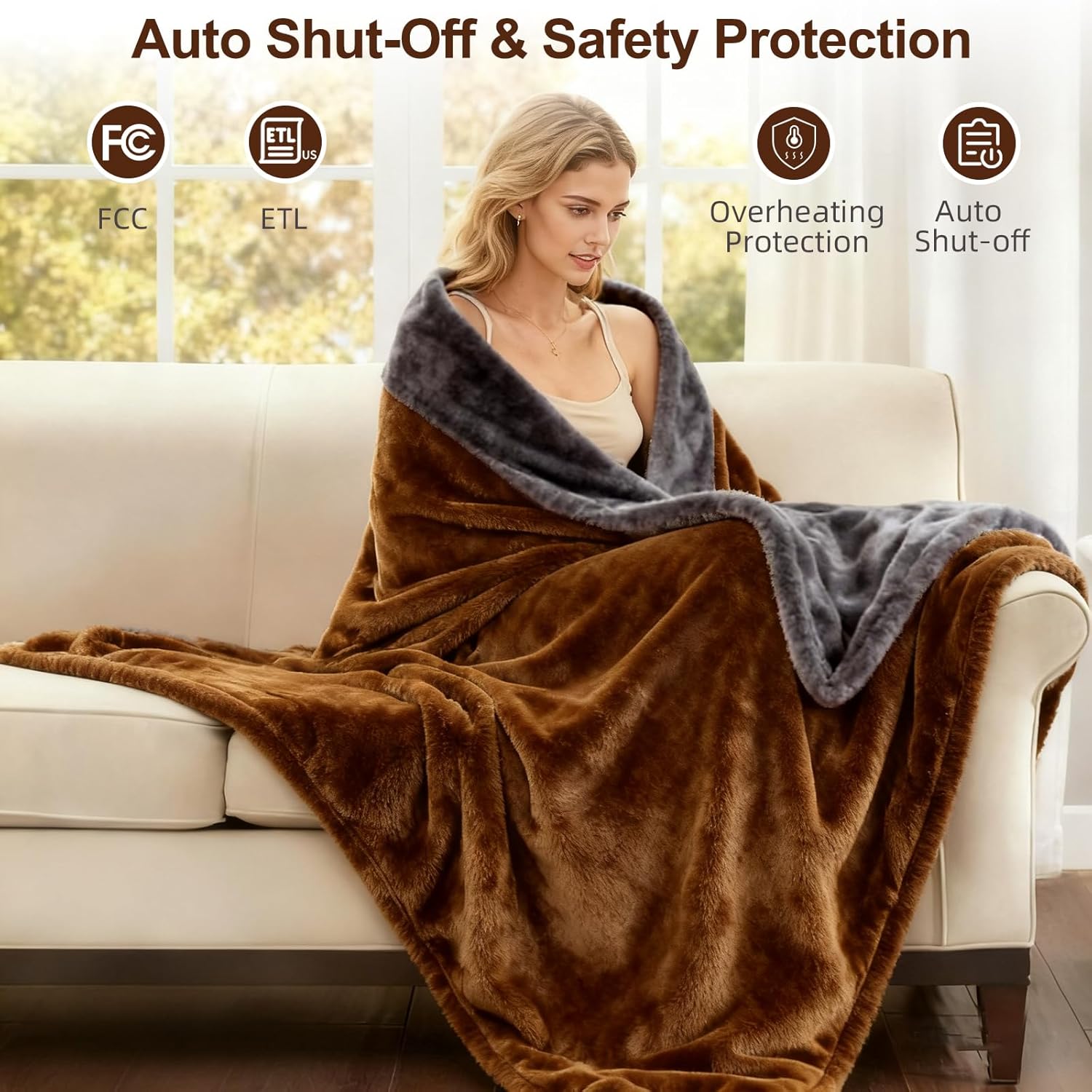 Electric Heated Blanket Throw 50''x60'' – Soft Dual-Sided Flannel, 12 Heat Settings, Smart Timer, ETL & FCC Certified, Machine Washable (Brown & Gray, Single(50"x60")) - Image 6
