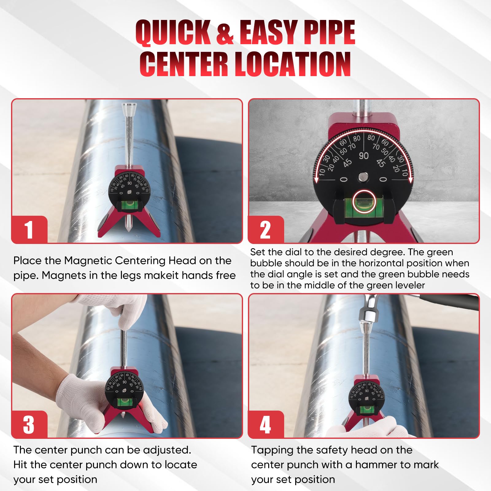 Magnetic Pipe Center Finder Tool, Y-Shape Pipefitter Gauge with Adjustable Bubble Protractor, Fits 0.5" to 4" Pipes, 2.75" Centering Head for Accurate Layout — Amazon image 4