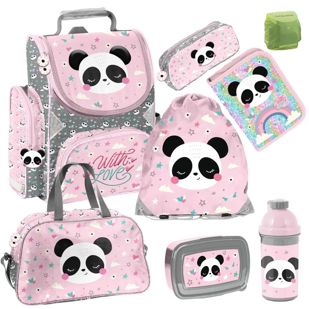 Familando - Schulranzen Set - 8-teilig mit Federmappe - Panda Bär - Ergonomisch, stabil & mit gepolstertem Rücken - 1010g leicht - 18L Volumen - Mit Reflektoren - Für Grundschule ab 1. Klasse