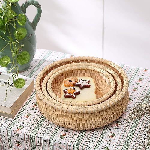 Miniatura 2 de Teng Tian Cesta de frutas de ratán hecha a mano, organizador de escritorio, bandeja redonda de ratán para servir bandeja de pan tejida para pastel,