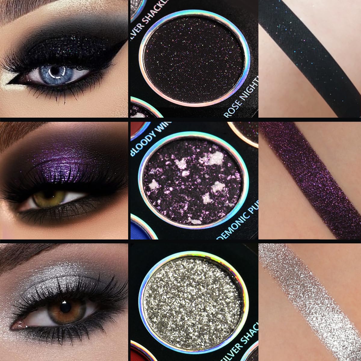 Paleta de sombras de ojos multicolor rojo y azul, sombra de ojos brillante plateada metálica de alto pigmento para maquillaje gótico, payaso/bromista ahumado, camaleón vegano de larga 5