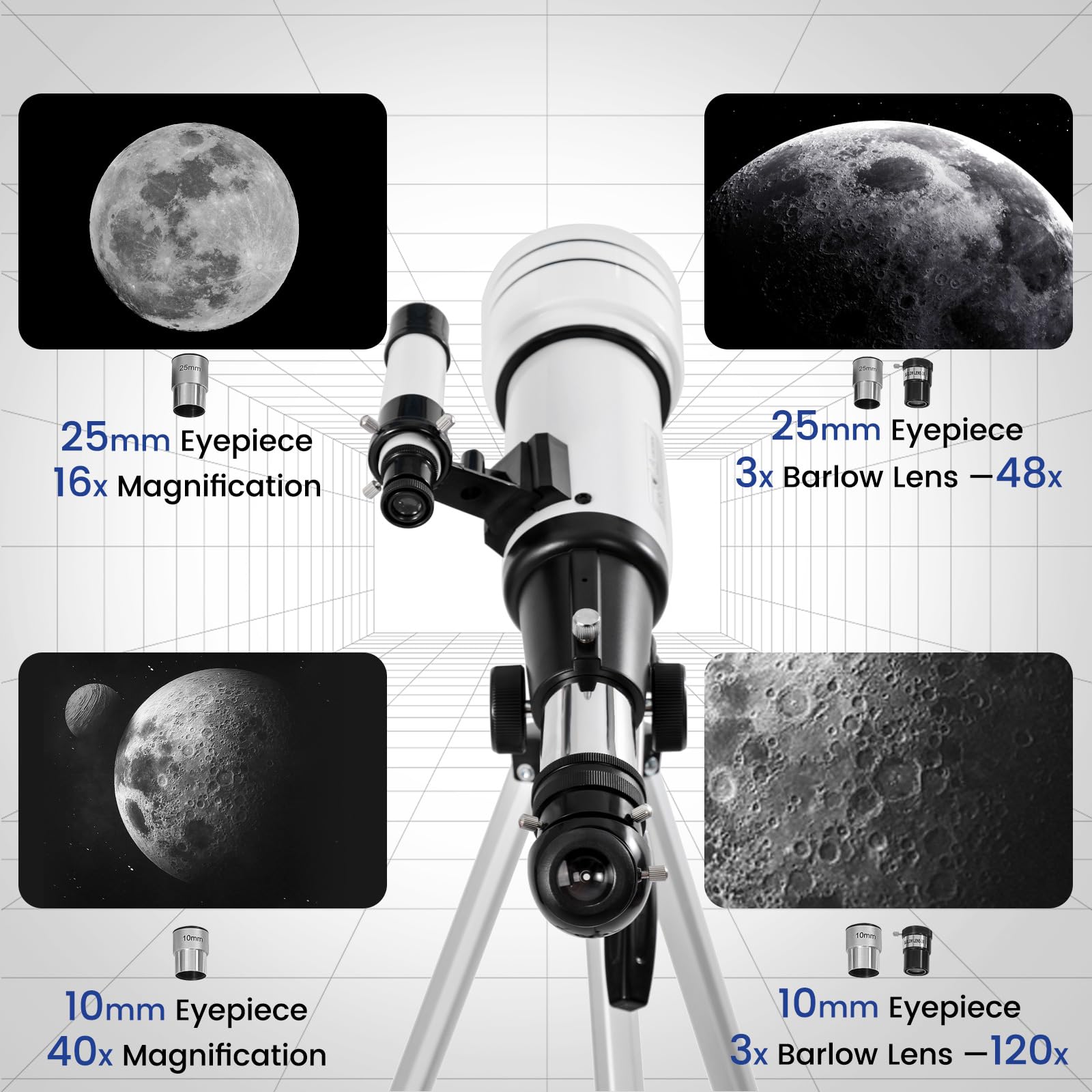 Télescope Astronomique 70/400mm Pour Adultes, Enfants et Débutants - Réfraction Avec Adaptateur de Téléphone et Trépied