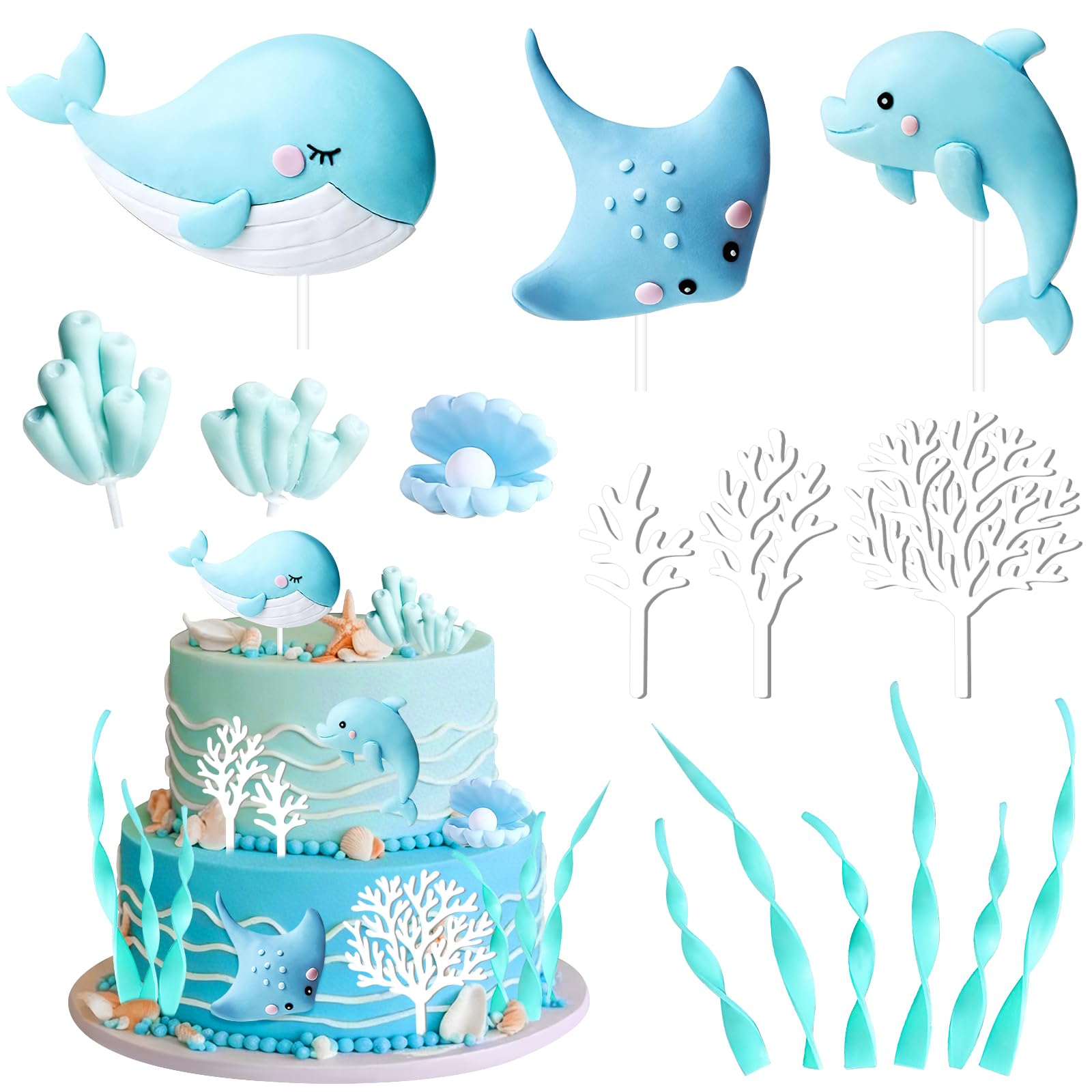 15pcs Underwater World Cake Topper,Ocean Animals Cake Topper,Decorazione Torta Mare,DecorazioniTorta Animali Marini