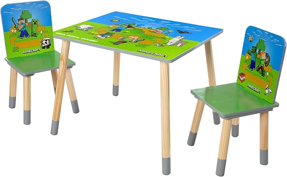 Minecraft Seating Group Set - Table & 2 Chairs - Green & Blue, Kids Wooden Minecraft Set, Outdoor Game Scene Imagery, Childrens Room Decor, Licensed