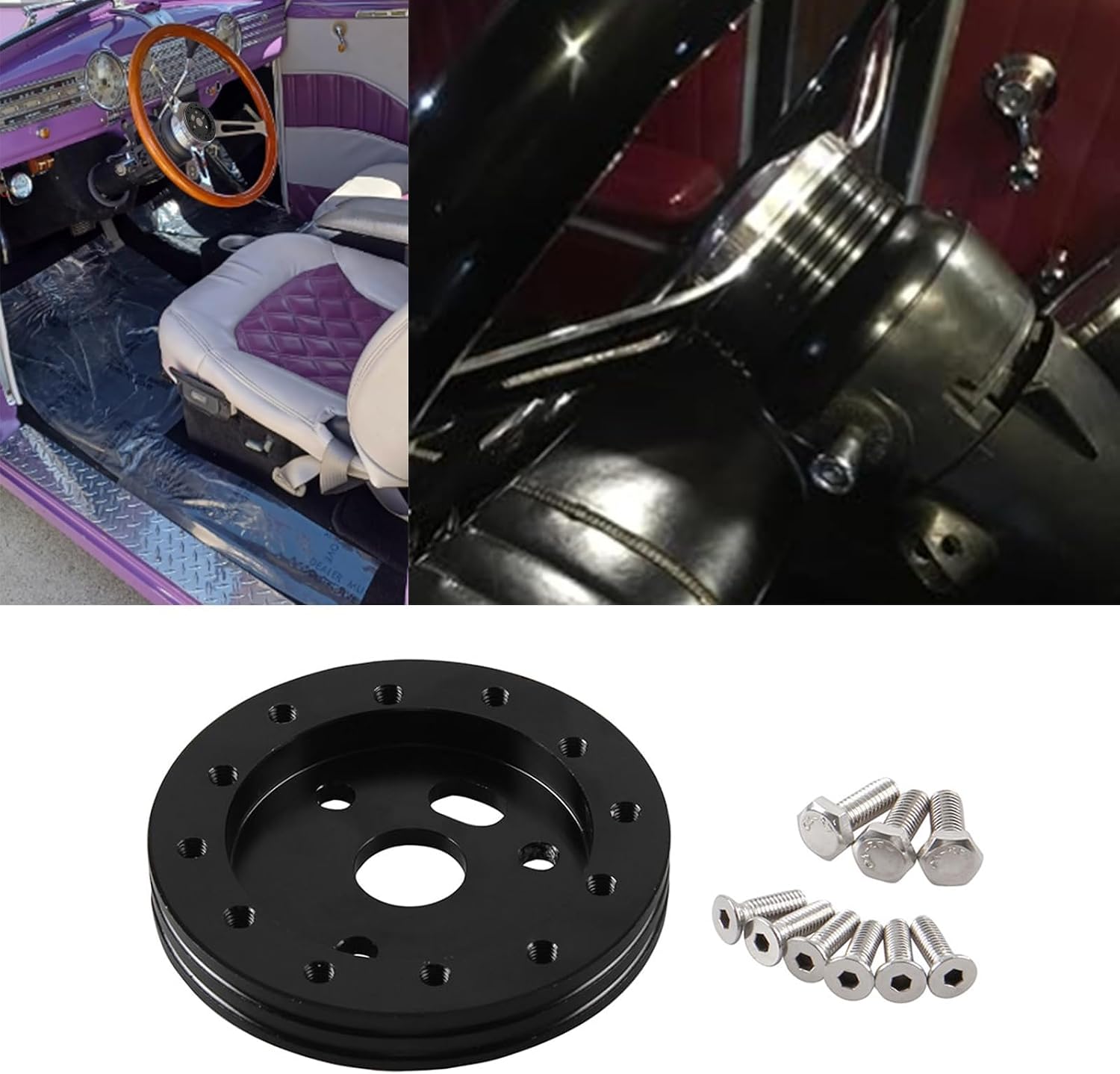 RULLINE 1" Steering Wheel Hub Adapter Conversion Spacer 6 Hole to 3 Hole Steering Wheel Adapter Boss Kit Black