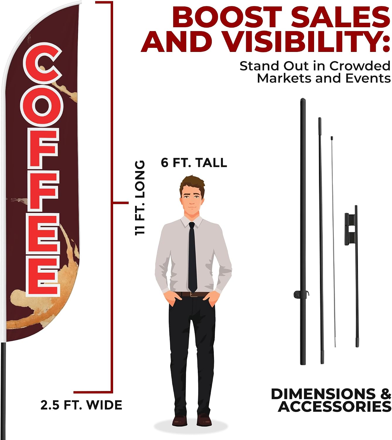 Coffee Sign Feather Flag Pole Mount for Outdoor 15 FEET Long Polyester Outdoor Banner Flag with Pole Kit for Easy Hang | HD Print Swooper Flag Pole Mount for Food Advertising ade