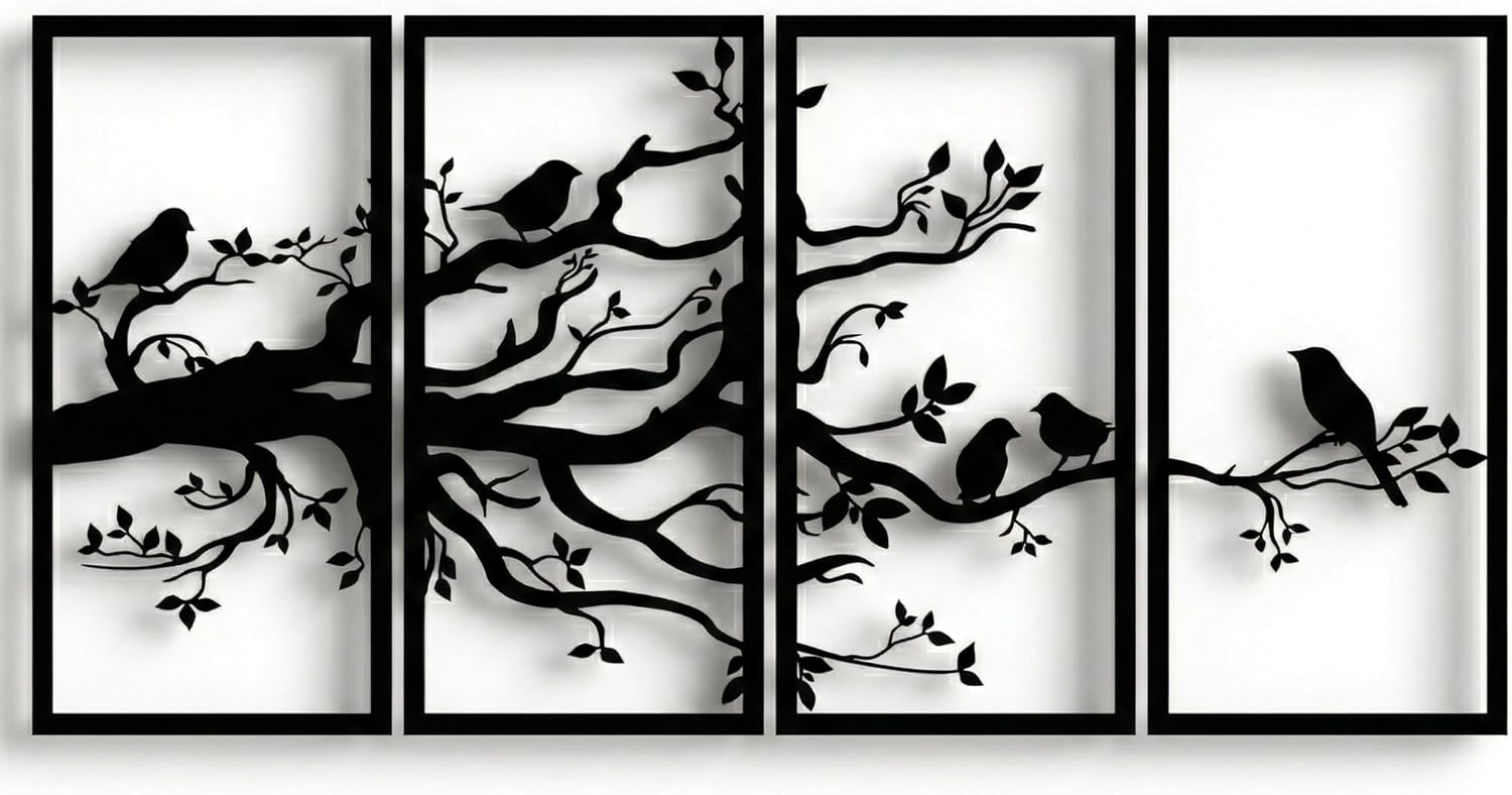 DEKADRON Metal Wall Art, Tree of Life 4 Panels, Metal Birds and Branch Wall Art, Tree Sign, Metal Wall Décor, Housewarming Gift, 4 Pieces Wall Hangings (40" W x 20" H / 100x50 cm)