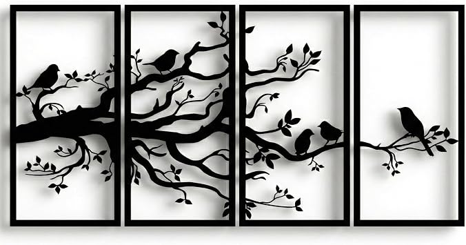 DEKADRON Metal Wall Art, Tree of Life 4 Panels, Metal Birds and Branch Wall Art, Tree Sign, Metal Wall Decor, Housewarming Gift, 4 Pieces Wall Hangings 40" W x 20" H / 100x50 cm