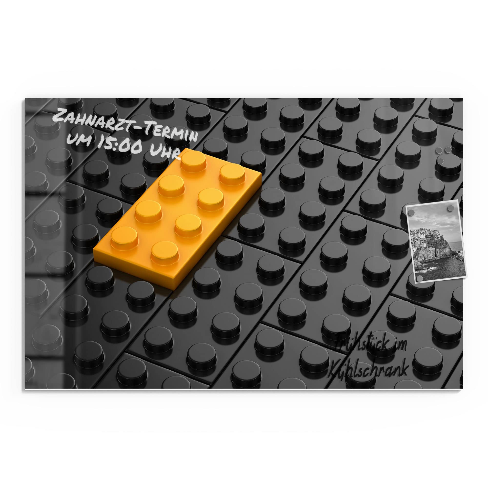 DEQORI Szklana tablica magnetyczna, wymiary 90 x 60 cm, motyw "klocki z wypustkami, tablica memo ze szkła, tablica magnetyczna z magnesami, długopisem i chusteczką do kuchni i biura, tablica magnetyczna i z możliwością pisania