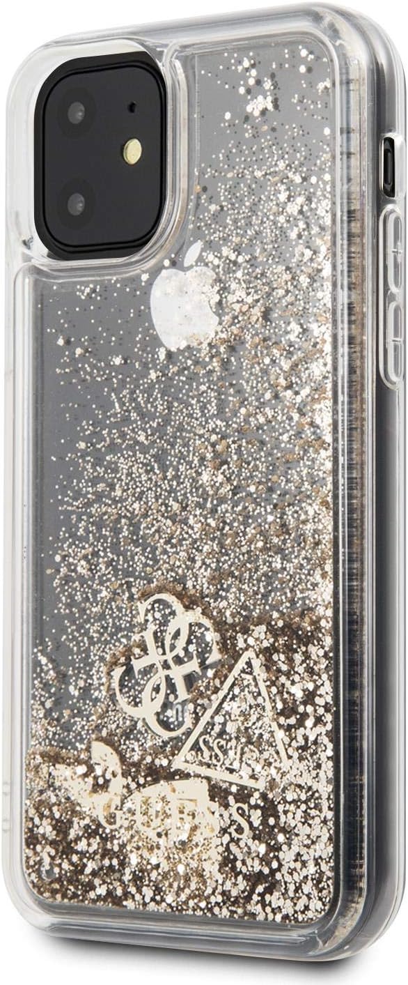 Super Brands Guess Case for iPhone 11 with Hearts Liquid Glitter Hard Case Gold Shock Absorption Drop Protection Case Officially Licensed.
