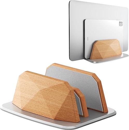 Soporte vertical para laptop, soporte ajustable de madera con doble ranuras, base de escritorio compatible con todos los MacBook, Surface,