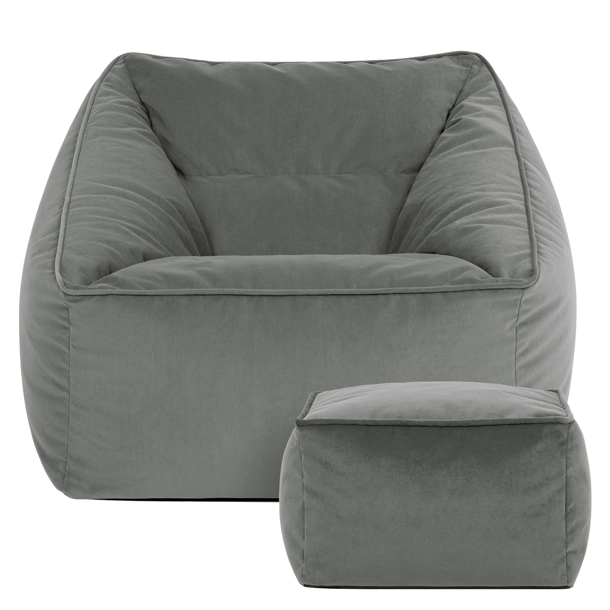 icon Natalia Velvet Bean Bag Chair & Footstool with Filling Included, Grey | Made in the UK, Adult Beanbag, Comfy Chair, Armchair, Plush Velvet Fabric, Floor Chair for Living Room or Bedroom
