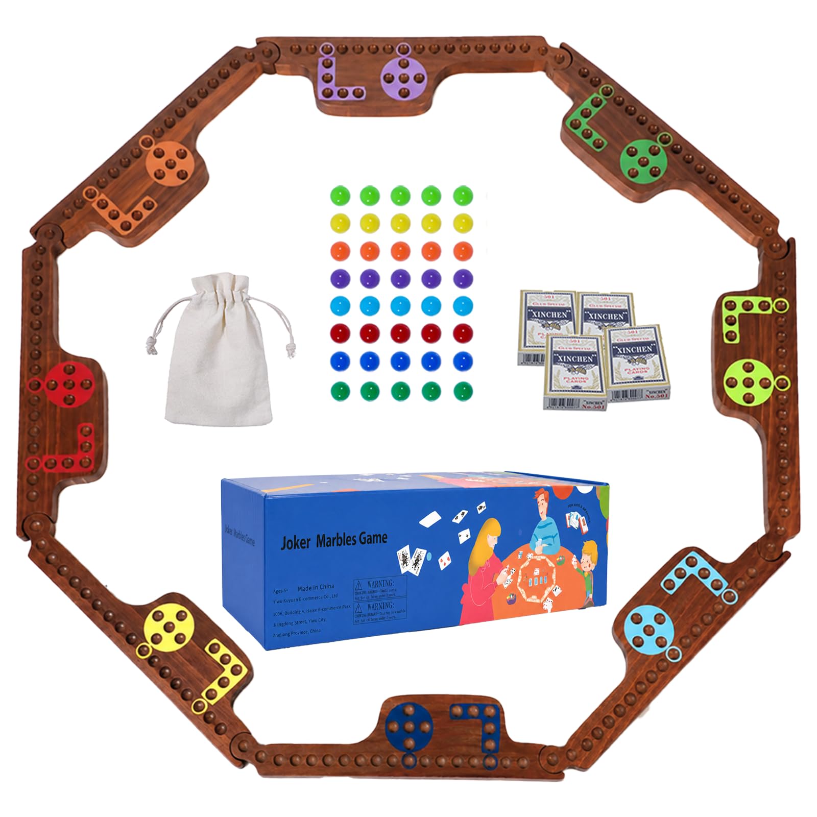 Marbles & Jokers Gra planszowa Pins und Jokers lite drewno (sosna) deska do gry z drewna dla 2-8 graczy, 8 planszy, 8 kolorów, 40 kulek, 4 pudełka (klasyczny płomień)