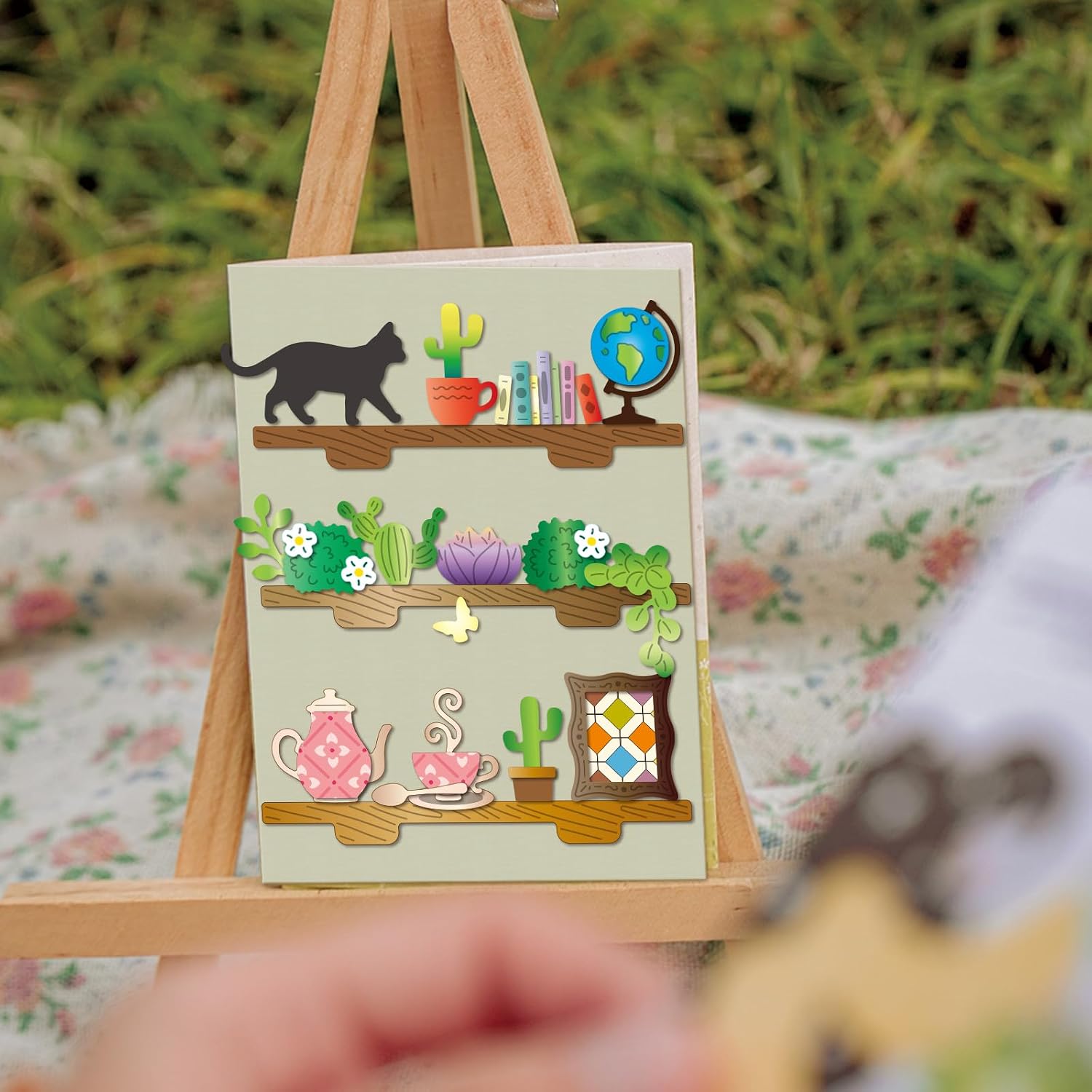 GLOBLELAND Vintage Bookshelf Cutting Dies for Card Making Display Cabinet Metal Die Cuts Retro Cats Plants Die Cut Dies for DIY Cards Scrapbooking Photo Album Crafts Decor
