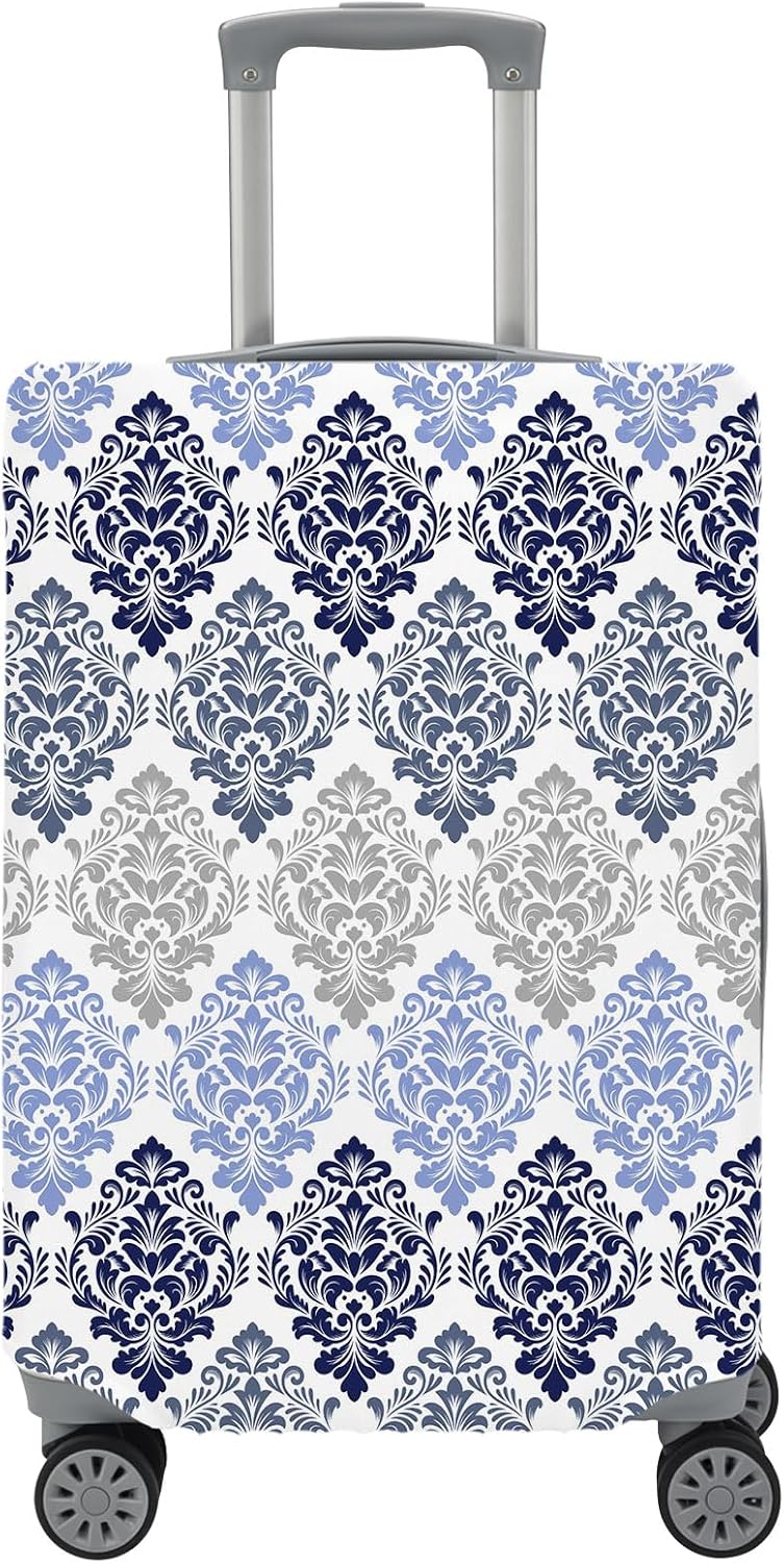 Travel Luggage Cover Floral Damask Pattern Suitcase Cover Elastic Anti Scratch Baggage Covers Ombre Navy Blue Luxury Luggage Covers Protector for Travel Universal Fit 29-32 Inch Carry on Luggage