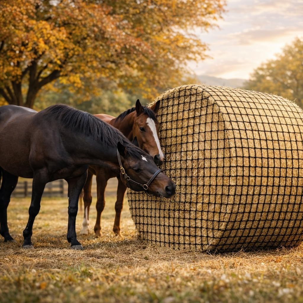 6x6 ft Round Bale Hay Net – Slow Feeder for Horses & Livestock, Extra Dense 2" Knotless Holes, Durable & Healthy Feeding Solution
