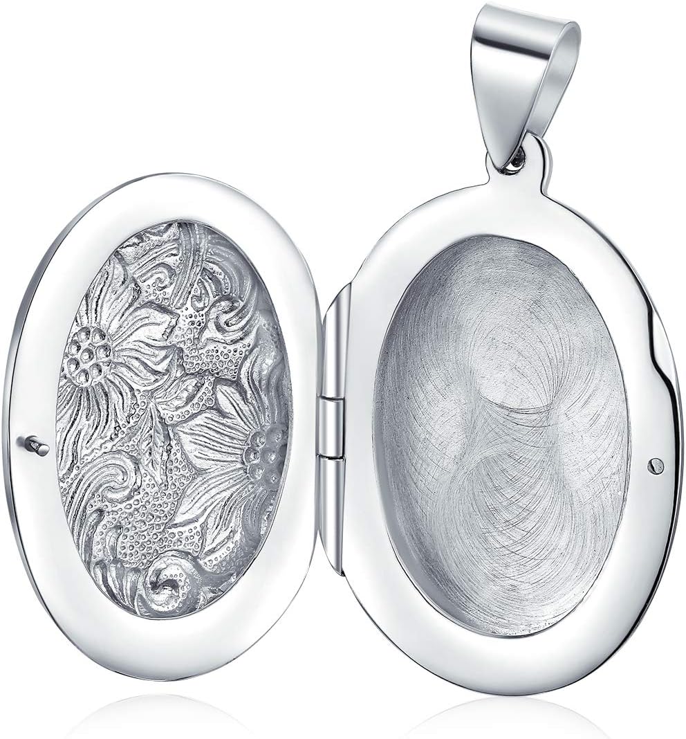 Bling Jewelry Oval Photo Keepsake Locket Necklace Floral Sunflower Embossed Design Oxidized .925 Sterling Silver