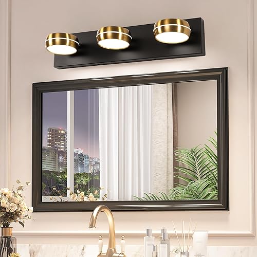 Pasoar Lámparas LED de latón para baño, lámparas de baño modernas de 3 luces negras para espejo de interior dorado de 20.3 pulgadas, apliques de