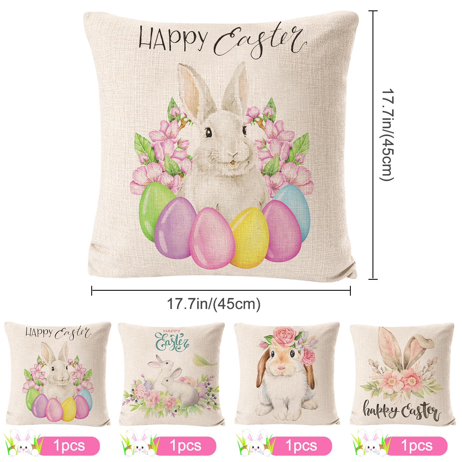 4 Federe Per Cuscini Pasqua Con Coniglietti, 45x45 Cm, In Poliestere Morbido, Con Cerniera Nascosta, Decorazione Casa Per Divano E Sedia