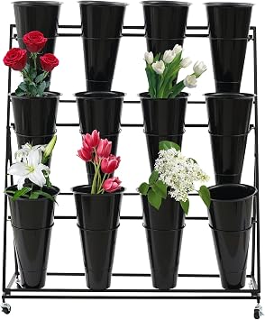 Plant Stand Outdoor Moving Plant Stand with Wheels 3 Tiers 12pcs Plastic Buckets Indoor Outdoor Flower Rack Plant Shelf