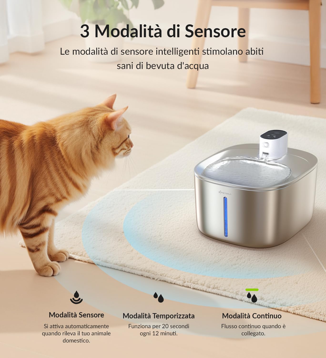 Fontana per Gatti Senza Fili con Rilevatore di Movimento, APETDOLA 4L Fontanella in Acciaio Inossidabile Cordless con Batteria 4000 mAh, Fontana Ultra Silenziosa per Gatti FS10pro