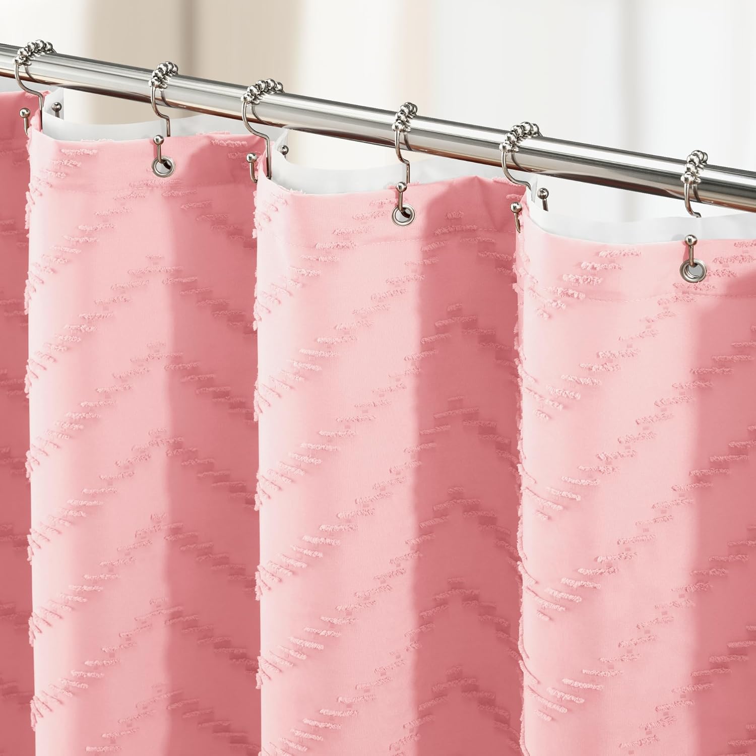 Dynamene Boho Shower Curtain and Liner Set, Tufted Chevron Textured Tassel Shower Curtains for Bathroom and Waterproof Liner with Hook, 72" W x 96" L (Pack of 1), Pink 1