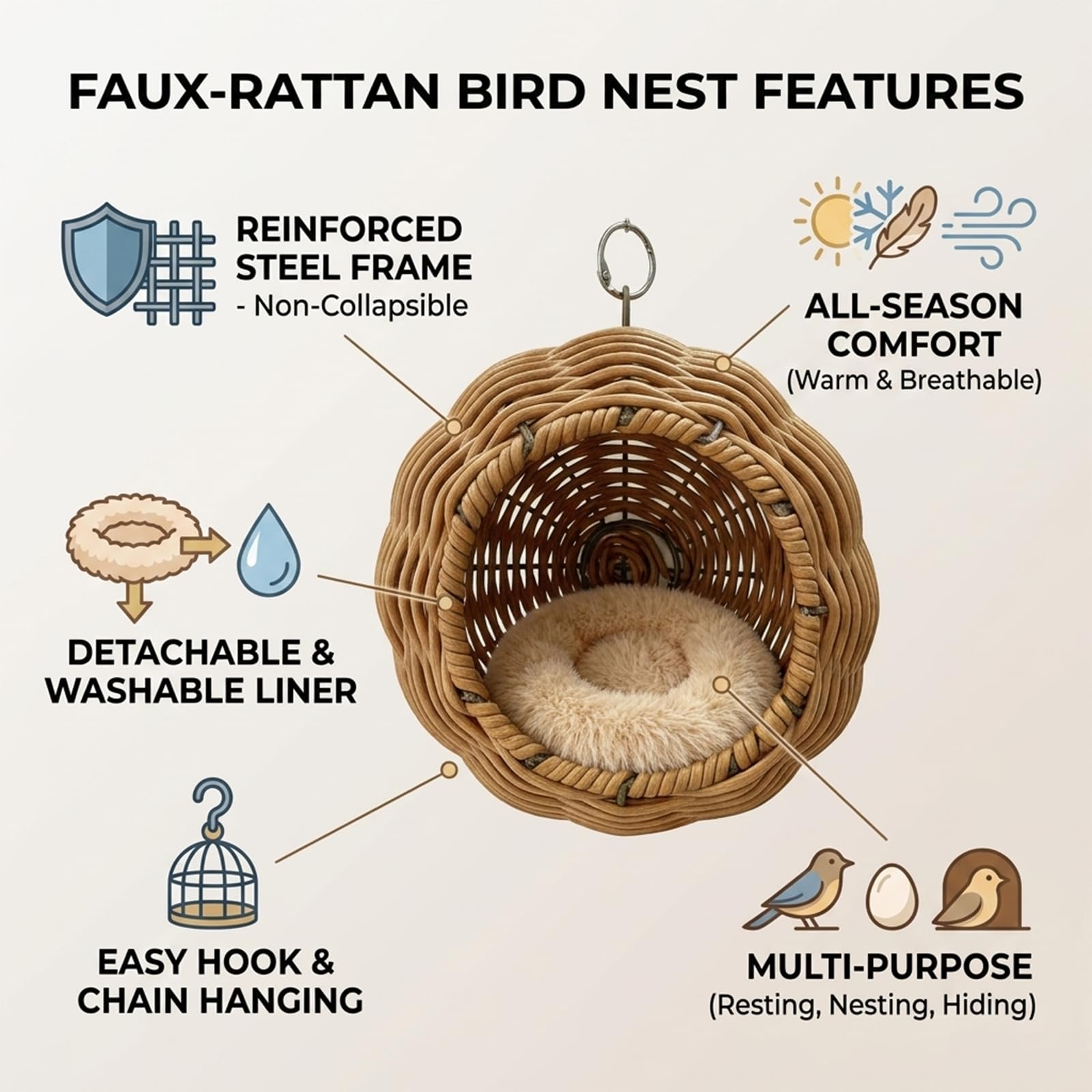 Nid Oiseau pour Cage, Nid en Rotin Imité avec Armature en Acier, Nid d’Élevage Transpirable pour Perruches, Canaris, Pinsons avec Coussin Amovible et Chaîne de Suspension