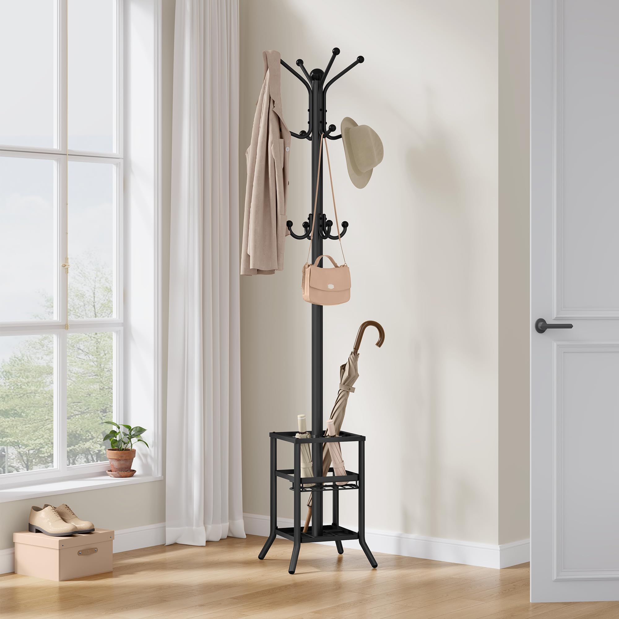 FAVOOSTY Porte-manteau avec Porte-parapluie, Porte-vêtements avec 12 Crochets, Porte-vestes sur Pied, Porte-manteau, Pour salon, Chambre à Coucher,entrée -Noir