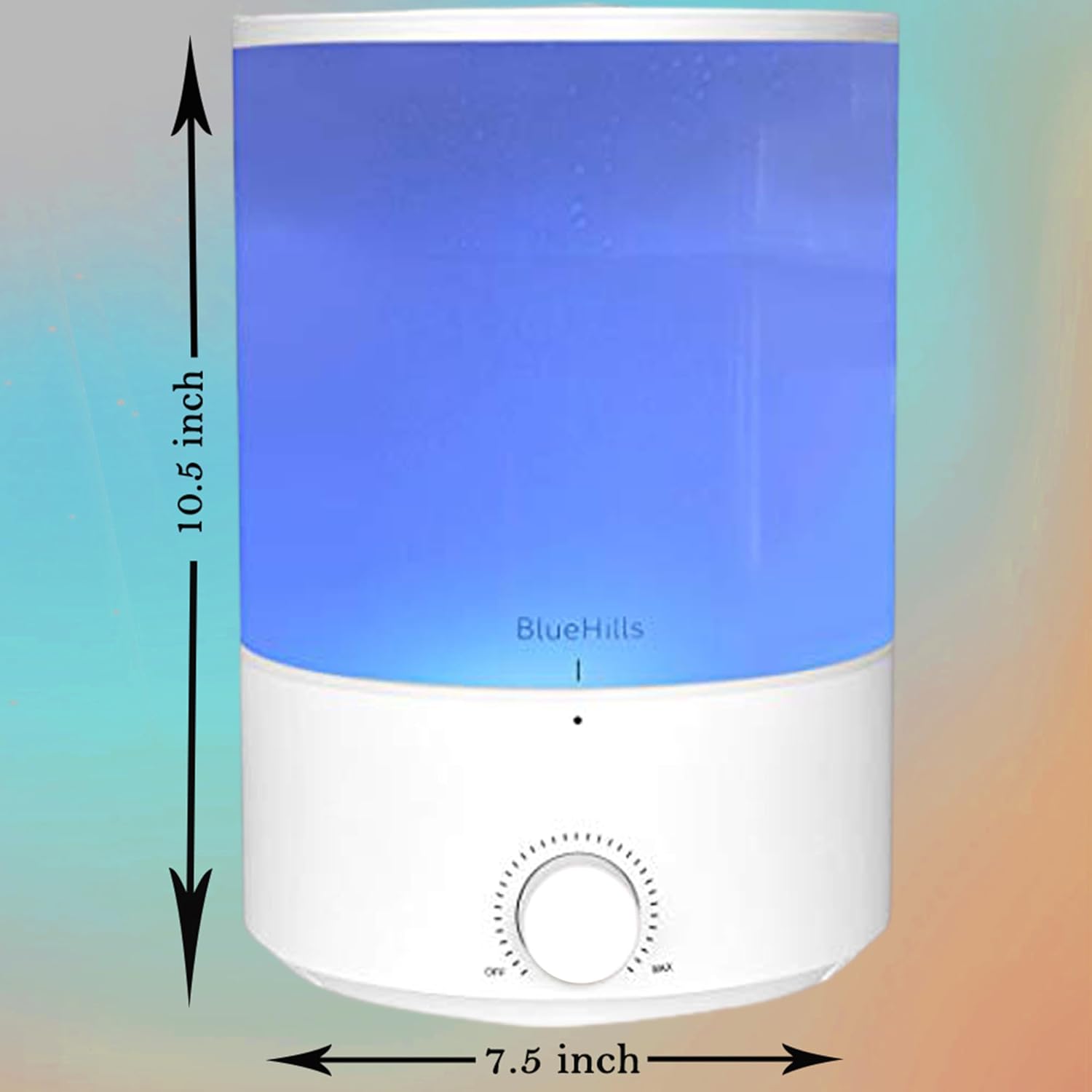 BlueHills Premium 4000ml XL Essential Oil Diffuser with dimensions: 10.5 inches height and 7.5 inches diameter.