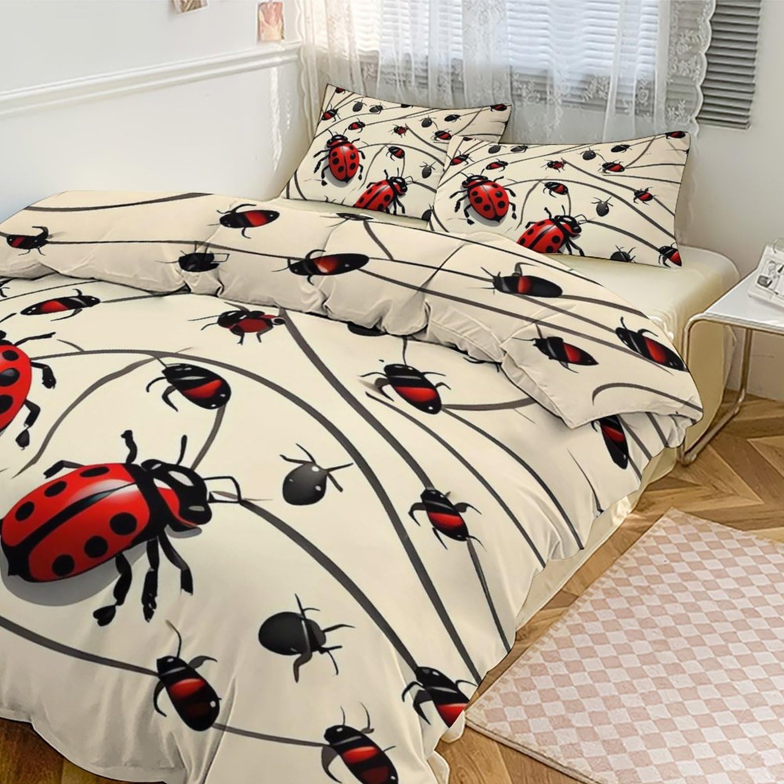 Housse de couette grand lit 259x228 cm coccinelle et 2 taies d'oreiller