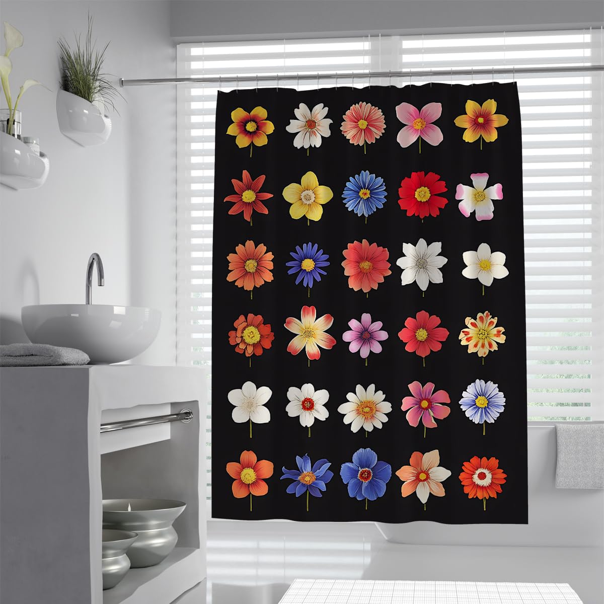 UERWOWELL Modern Black Shower Curtain Colorful Floral Bathroom Decor Vibrant Wildflower Grid Bath Curtains with Hooks Waterproof Polyester Fabric W220xL180 cm