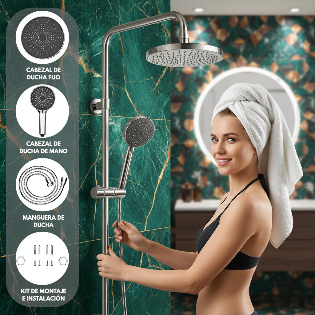 Columna Ducha Rociador y Ducha de Mano Termostatica | Ducha con Grifo con Fácil Instalación · Grifo Ducha Termostatico · Altura Regulable · Ducha Diseño Moderno Cromado
