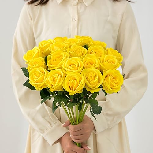 Miniatura 2 de 12 rosas artificiales de seda, ramo de rosas falsas, tallo largo para decoración del hogar, boda, fiesta (amarillo)