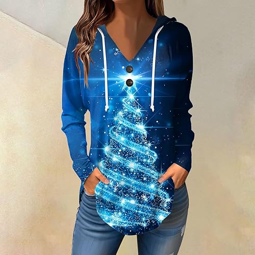 Miniatura 4 de Atuendos de otoño para mujer, con dobladillo curvado y estampado navideño, con cordón, manga larga, túnica casual con capucha