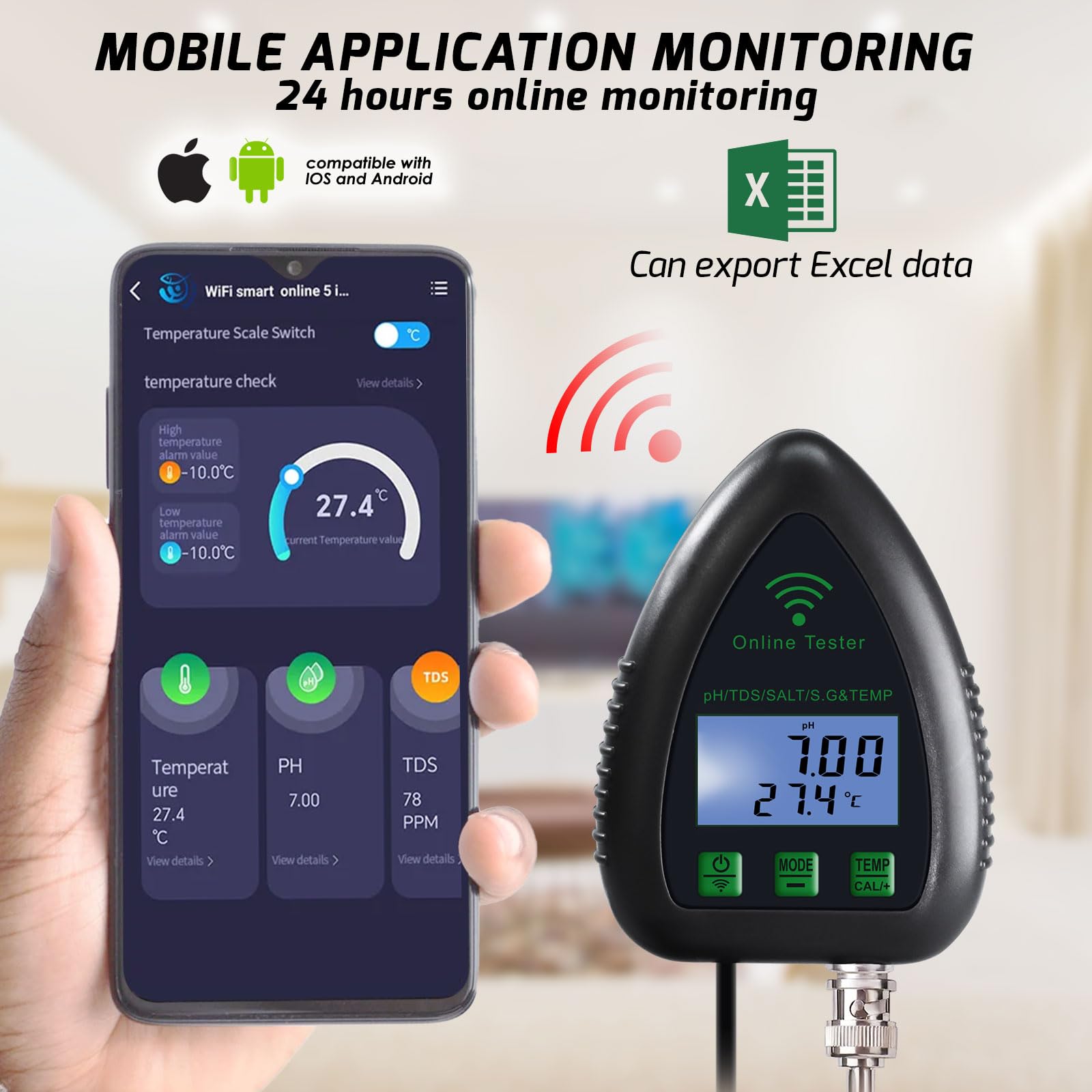 5 en 1 pH TDS SG probador de salinidad de temperatura Tester Datalogger probador de calidad del agua para acuarios acuicultura, estanques etc. Monitoreo remoto inteligente