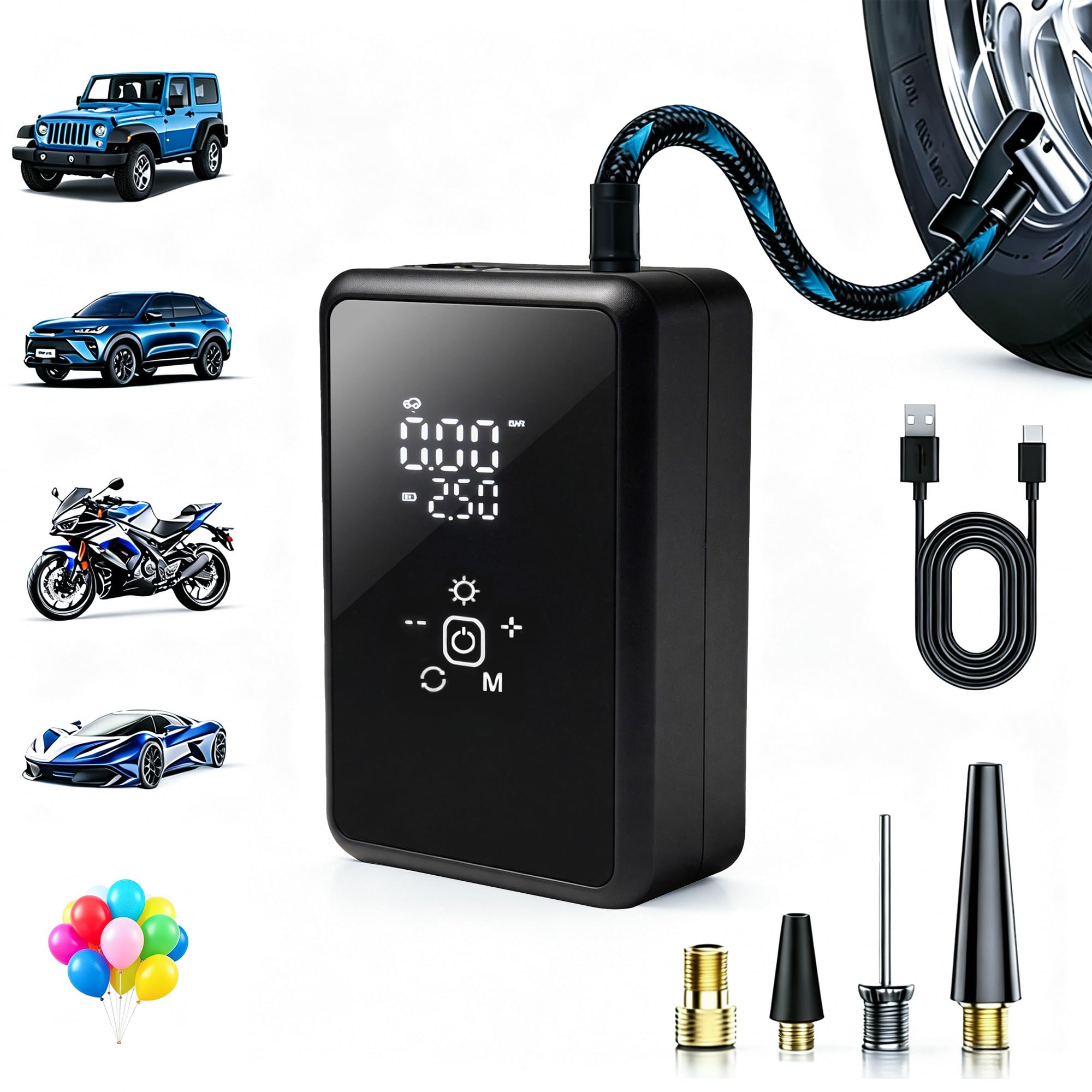 Portable Tire Inflator with LED Light & Hammer -1 Portable Tire Inflator with LED Light & Hammer -1