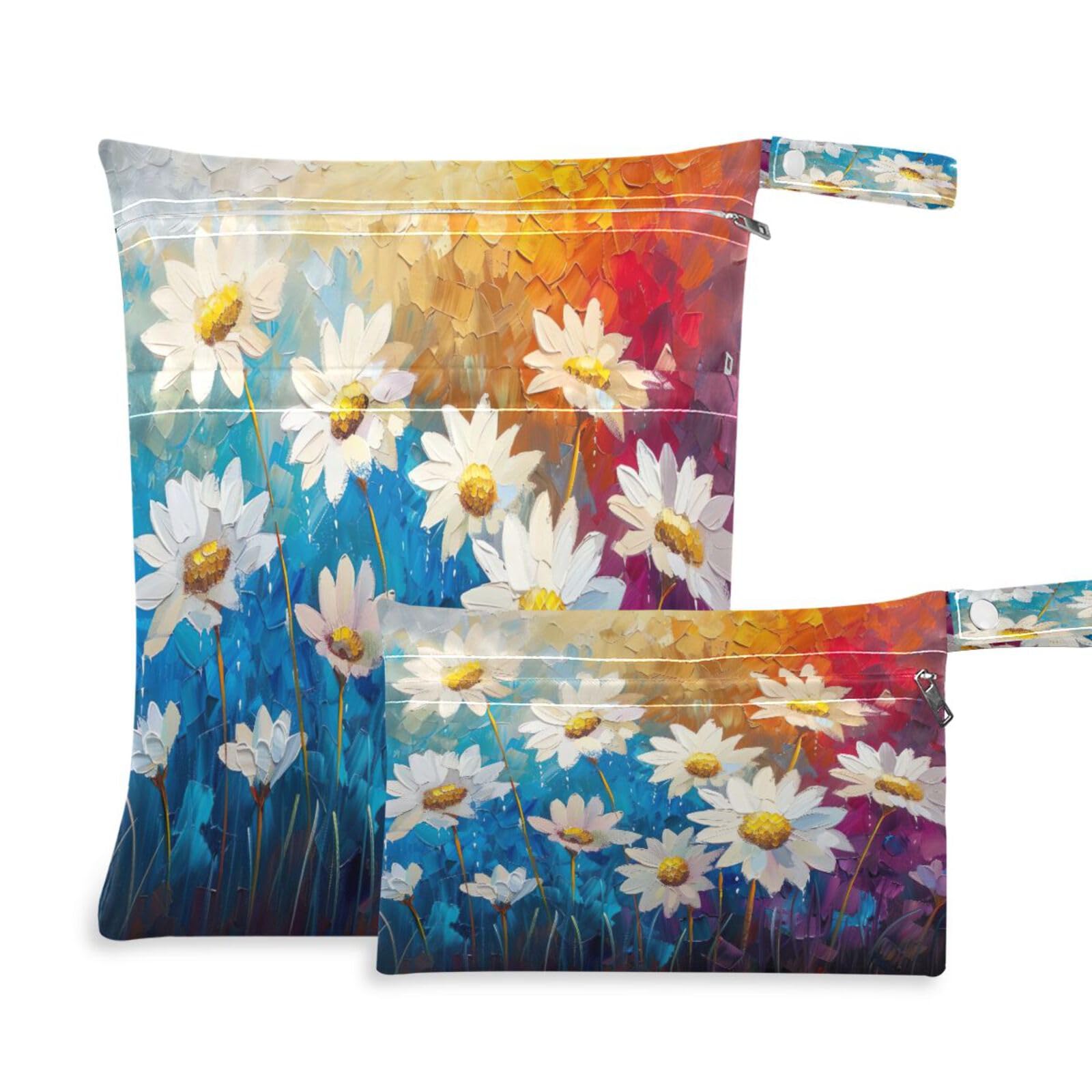 ATTX Daisies Oil Painting Wet Dry Bags 2-Pack - Reusable Cloth Diaper Storage for Travel, Beach & Gym | Multi-Use Waterproof Bags for Swimsuits, Baby Clothes, Sports Gear#393
