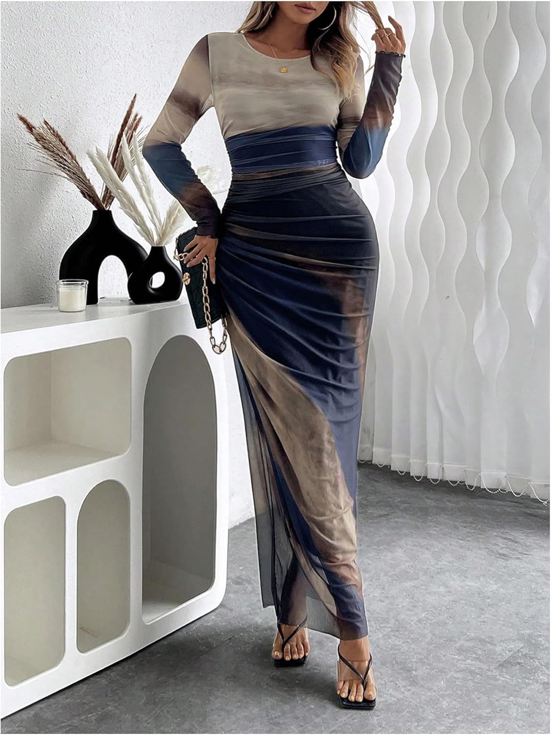 Women's Tie Dye Long Sleeve Maxi Dress Bodycon Ruched Night Out Formal Cocktail Long Dress for Wedding Guest Party - Image 6