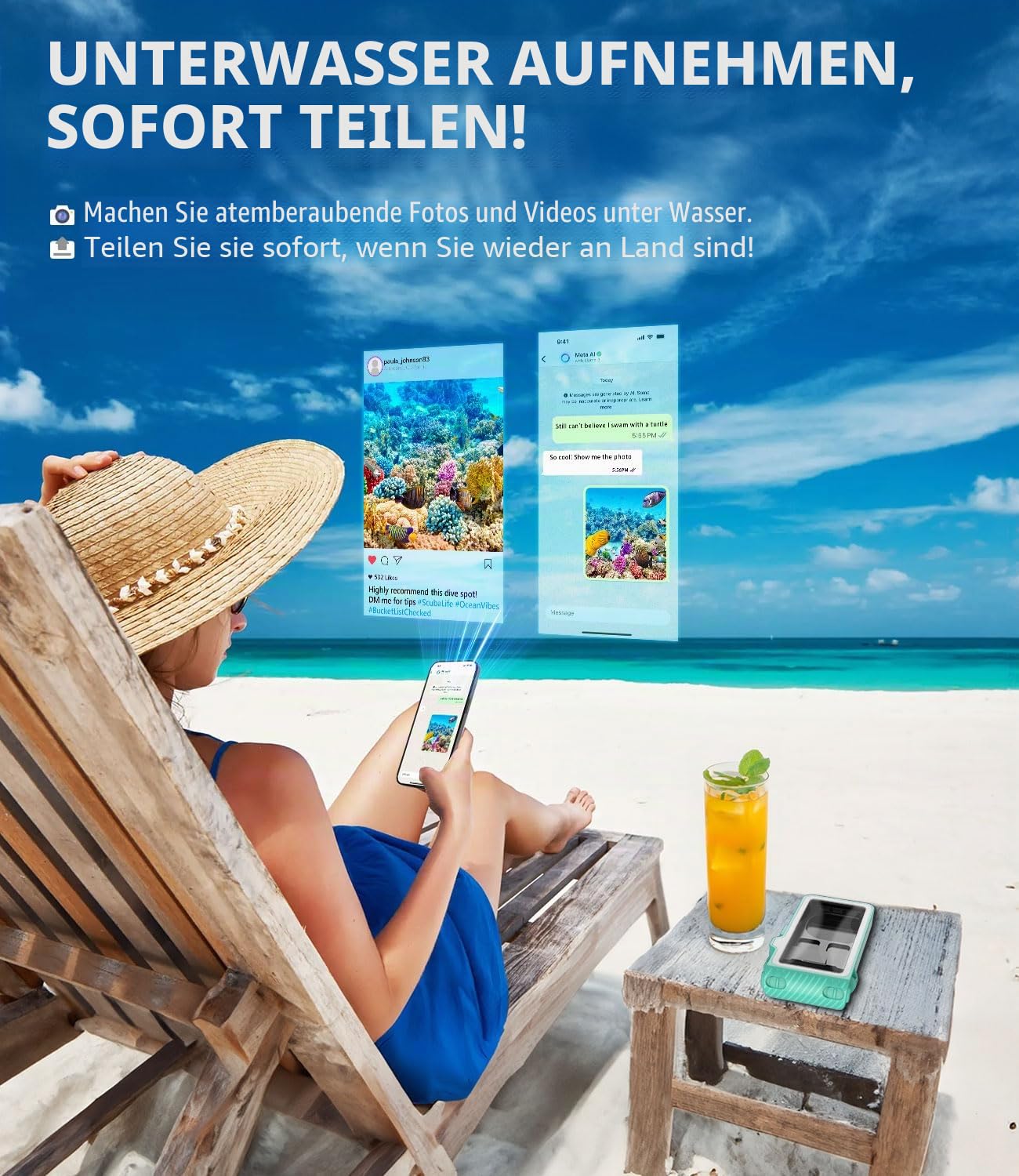 wasserdichte Handyhülle IPX8 Universelle Tauchen – Professionelle Unterwasser Handyhülle Touchscreen-Gehäuse Hülle für iPhone Samsung Galaxy Xiaomi bis zu 6,9 Zoll, Tauchen Schnorcheln