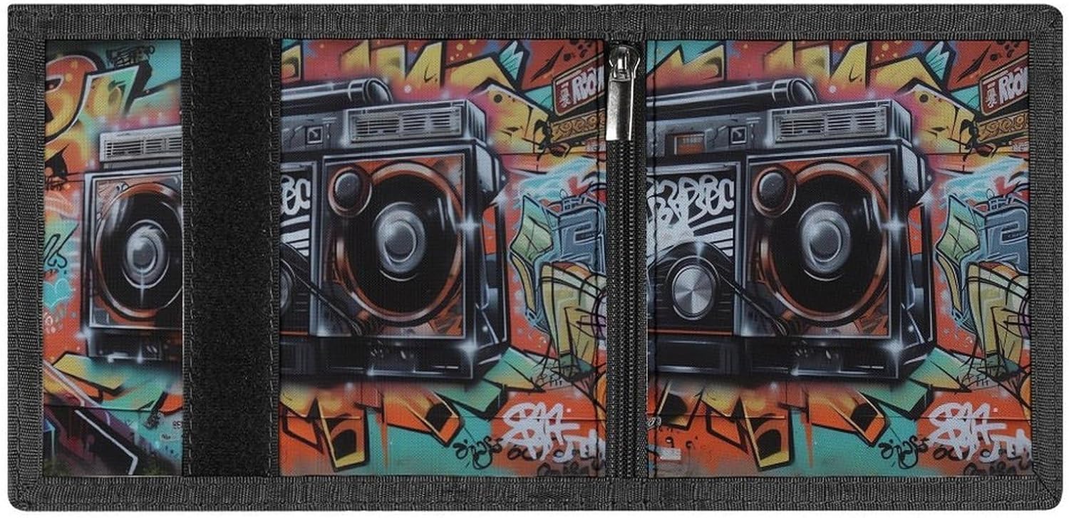 Trifold Canvas Wallet with Keychain, Modern Fashion Credit Card Holder Wallet for Men Women, Graffiti Hip Hop Slim Wallets W/Zipper Coin Pocket, Novelty Birthday Gift