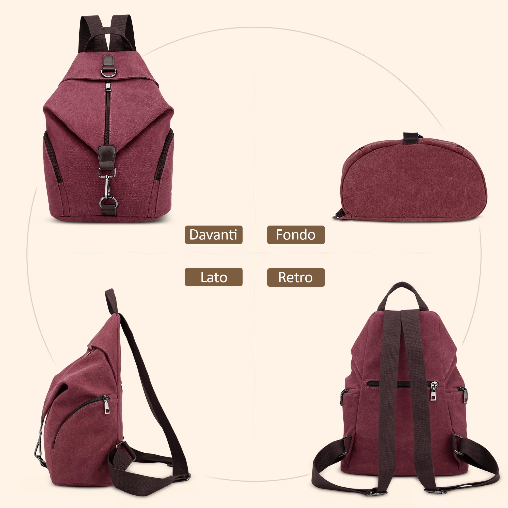 Moda Donna Zaino in Tela Zainetto Borse a Spalla Borsa da Viaggio in Casual Zaino Antifurto Grande Capacità Borsa da Scuola Rosso