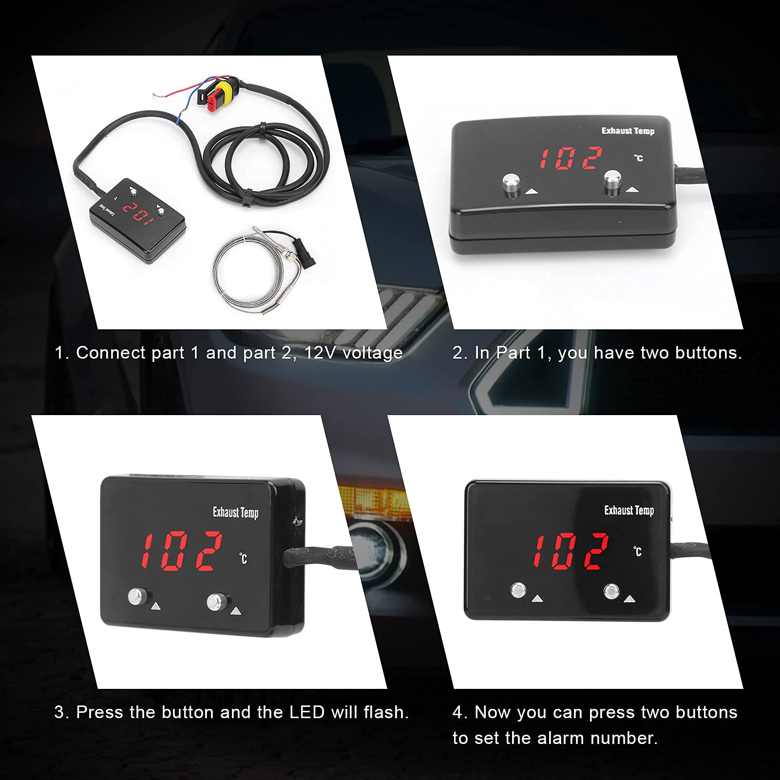 Medidor de temperatura de los gases de escape, medidor de temperatura de los gases de escape del coche, medidor EGT, pantalla digital LED roja, universal para vehículos de 12 V