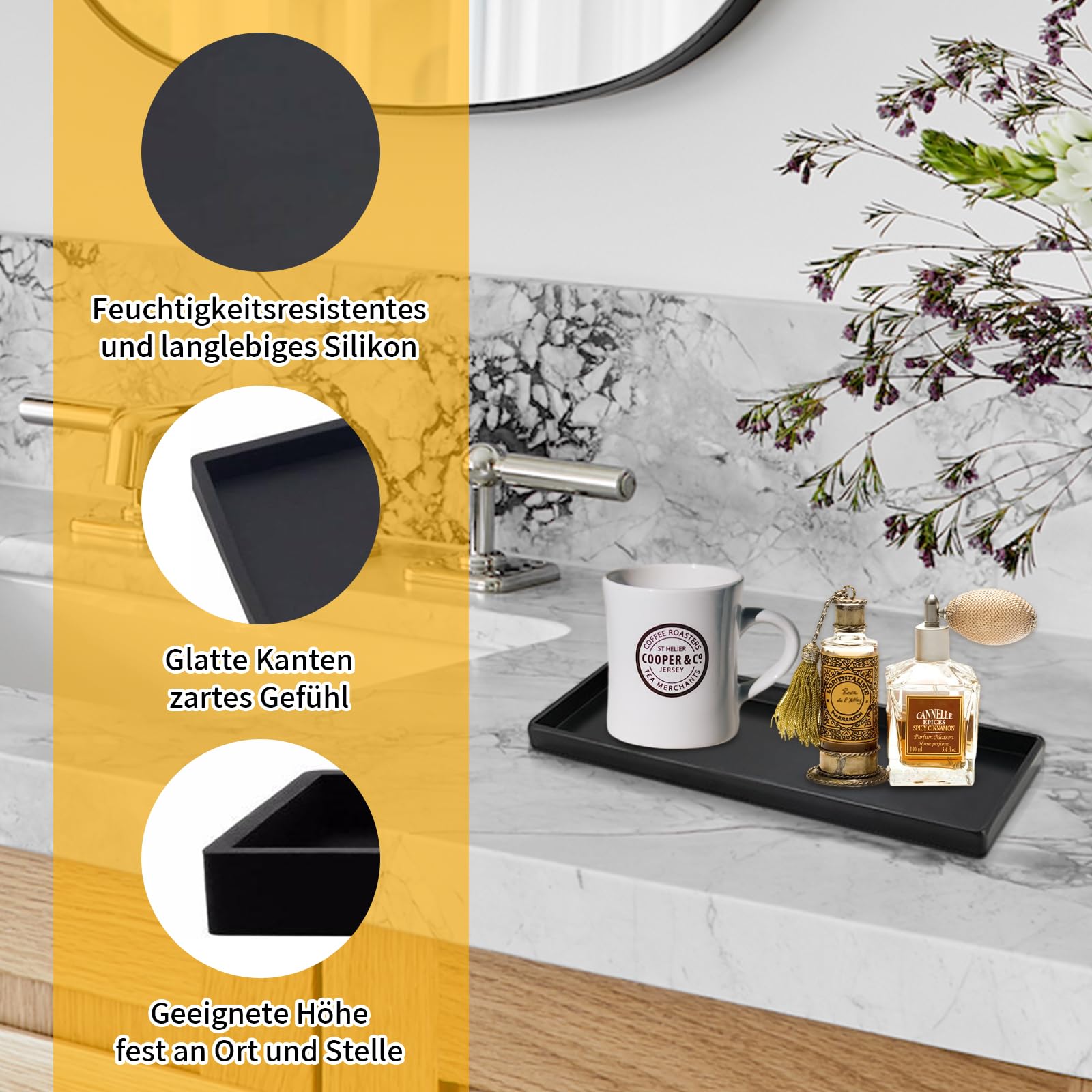 Lot De 2 Plateaux De Rangement En Silicone Noir - 25 X 11 X 2 Cm - Antidérapant, Pour Salle De Bain, Cuisine, Coiffeuse